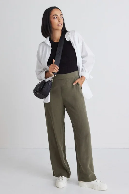 Effortless Khaki Viscose Deep Band Wide Leg Pant