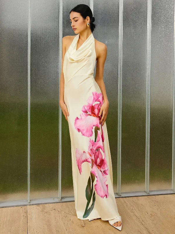 floral-print-satin-backless-dress