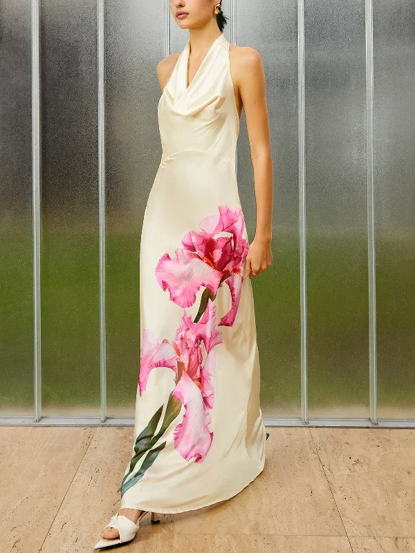 floral-print-satin-backless-dress