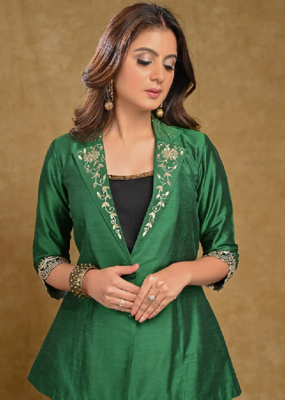 Forest Green Cotton Silk Embroidered Collar Jacket