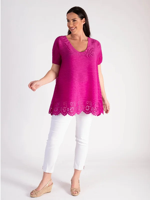 Fuschia Plisse Short Sleeve Top With Hem Cut Out Detail