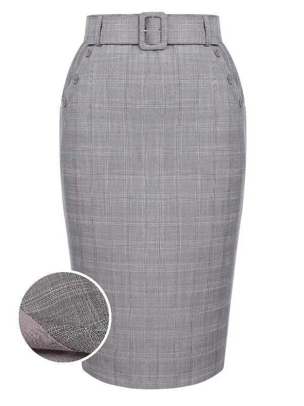 Gray 1960s Plaid Belt Pencil Skirt