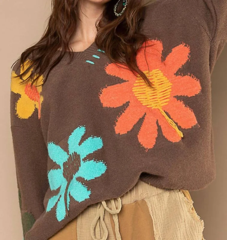 Happy Days V-Neck Floral Sweater With Fringe Details In Chocolate Brown