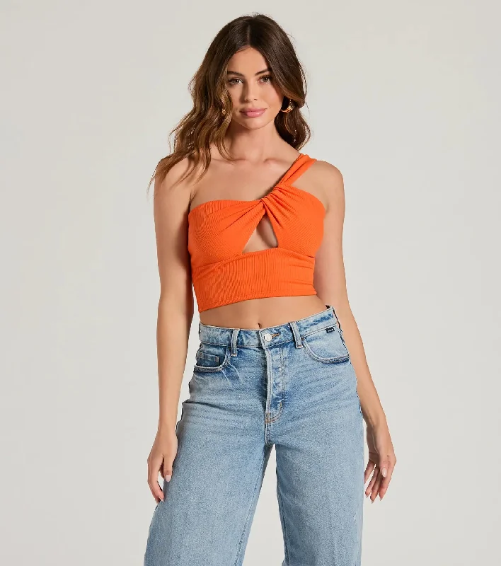 Here To Slay One-Shoulder Cutout Knit Crop Top