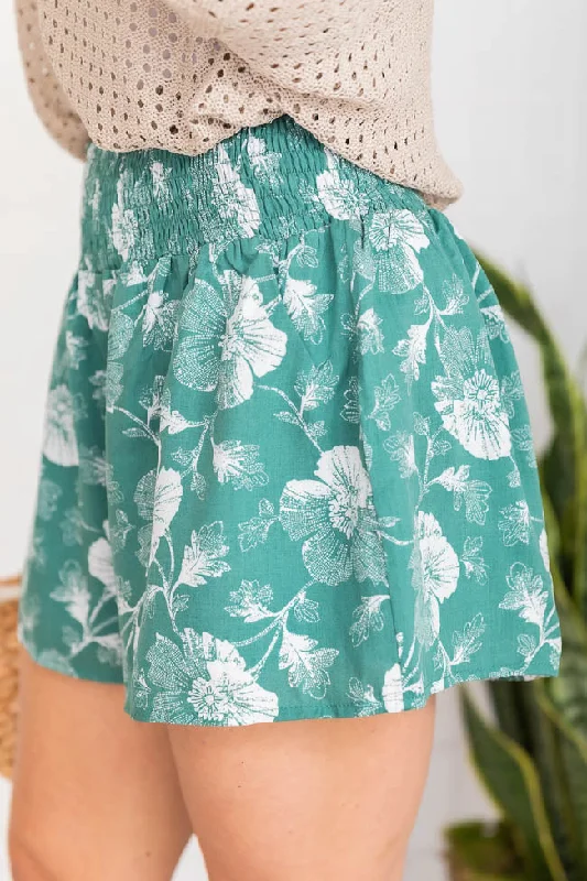 honeysuckle-dream-green-smocked-waist-floral-shorts