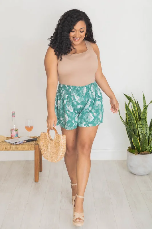 honeysuckle-dream-green-smocked-waist-floral-shorts