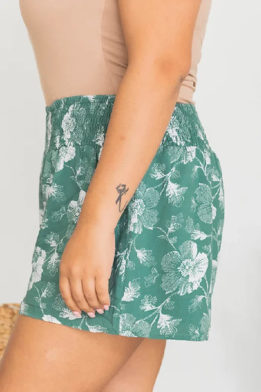 honeysuckle-dream-green-smocked-waist-floral-shorts