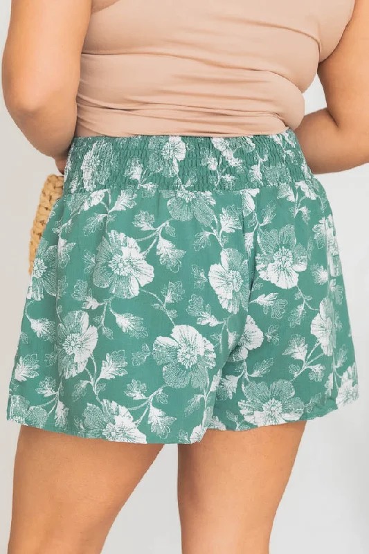 honeysuckle-dream-green-smocked-waist-floral-shorts