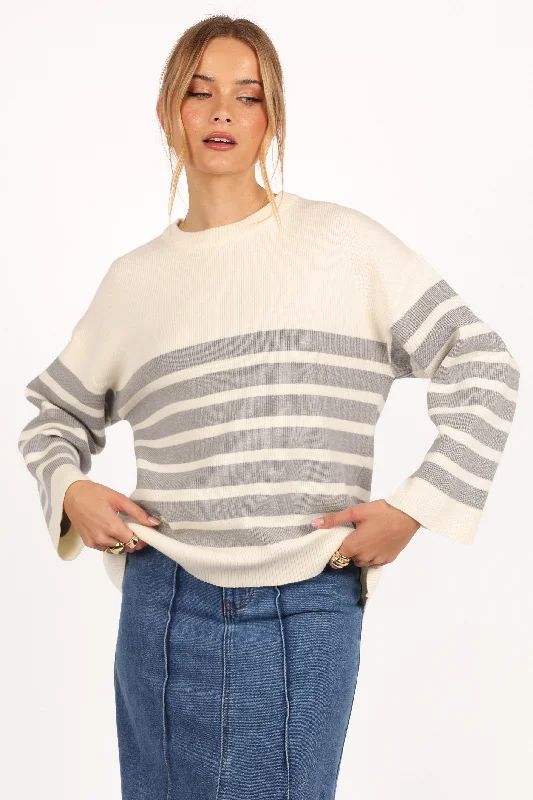 Kimbra Stripe Knit Sweater - White Grey Stripe