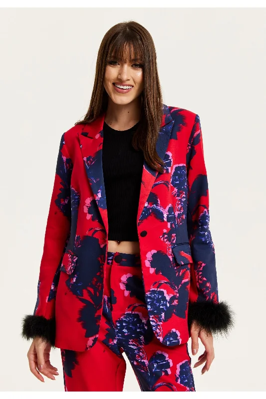 Liquorish Floral Print Red Blazer With Fluffy Trim In Black