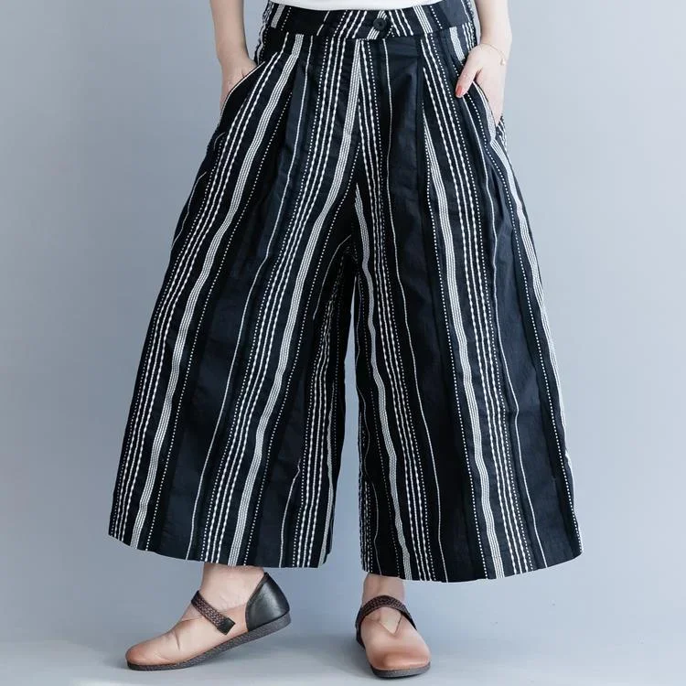 Natural black striped linen clothes Fitted pattern wide leg pants pockets baggy spring