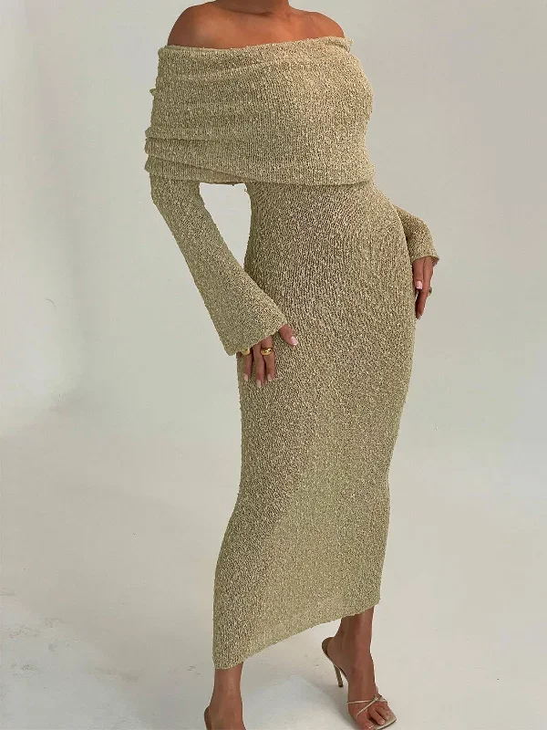 Off Shoulder Overfold Long Sleeve Sweater Long Dress