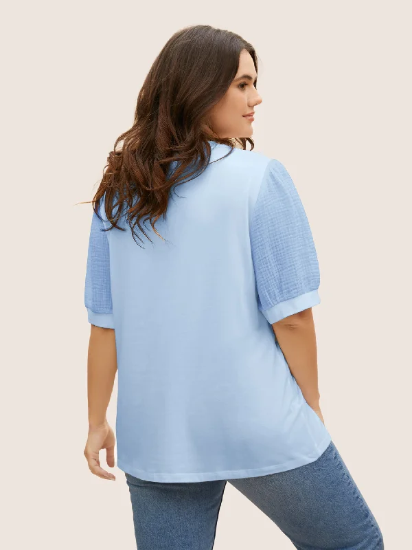 plain-textured-patchwork-lantern-sleeve-t-shirt