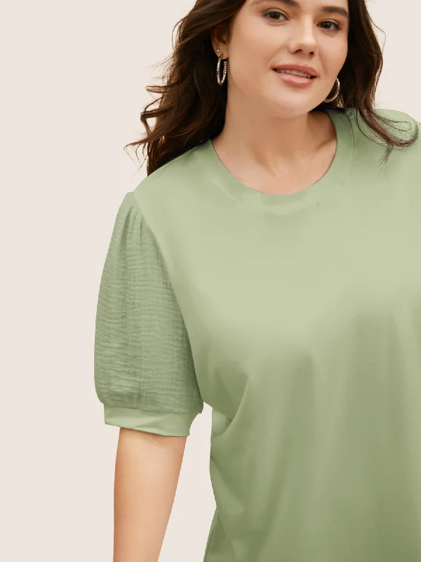 plain-textured-patchwork-lantern-sleeve-t-shirt