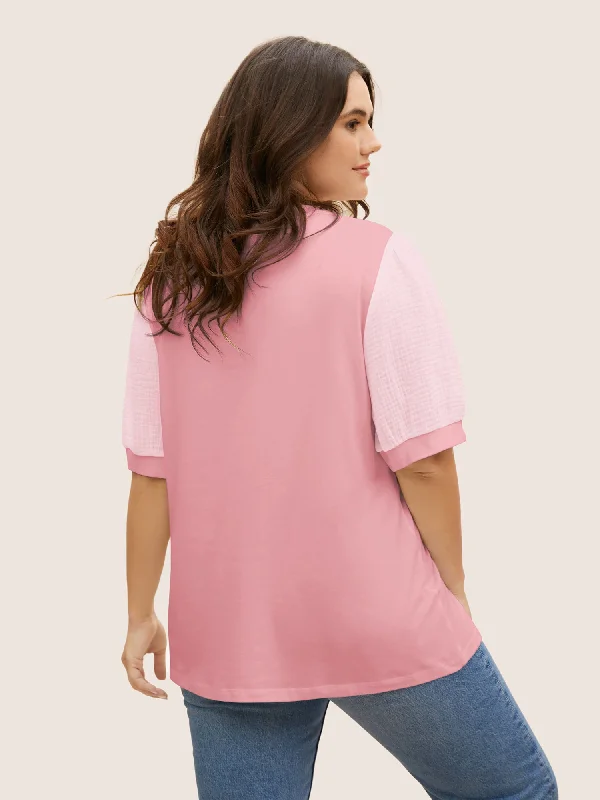 plain-textured-patchwork-lantern-sleeve-t-shirt