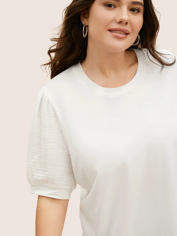 plain-textured-patchwork-lantern-sleeve-t-shirt