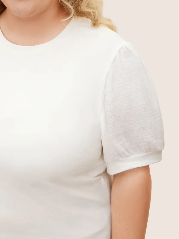 plain-textured-patchwork-lantern-sleeve-t-shirt