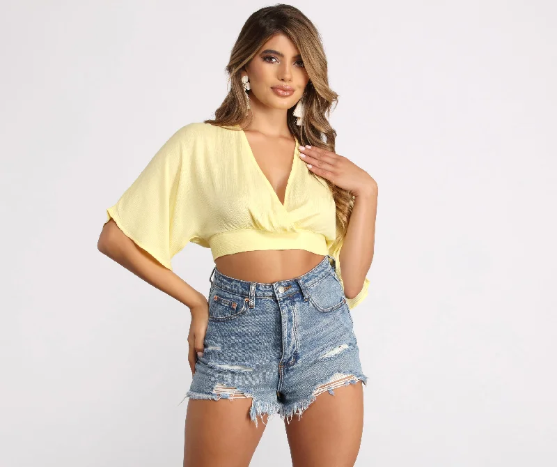 Plunging Surplice Tie Back Gauze Crop Top