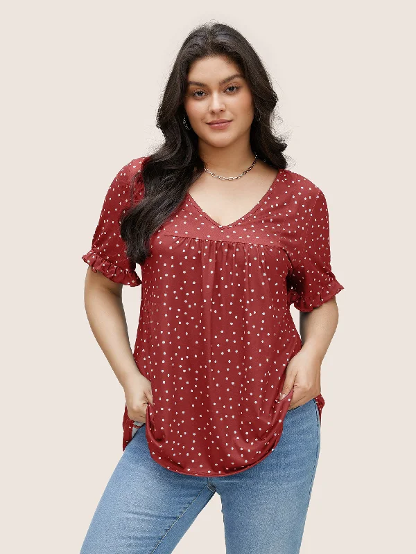 Polka Dot Print Gathered Frill Trim T-shirt