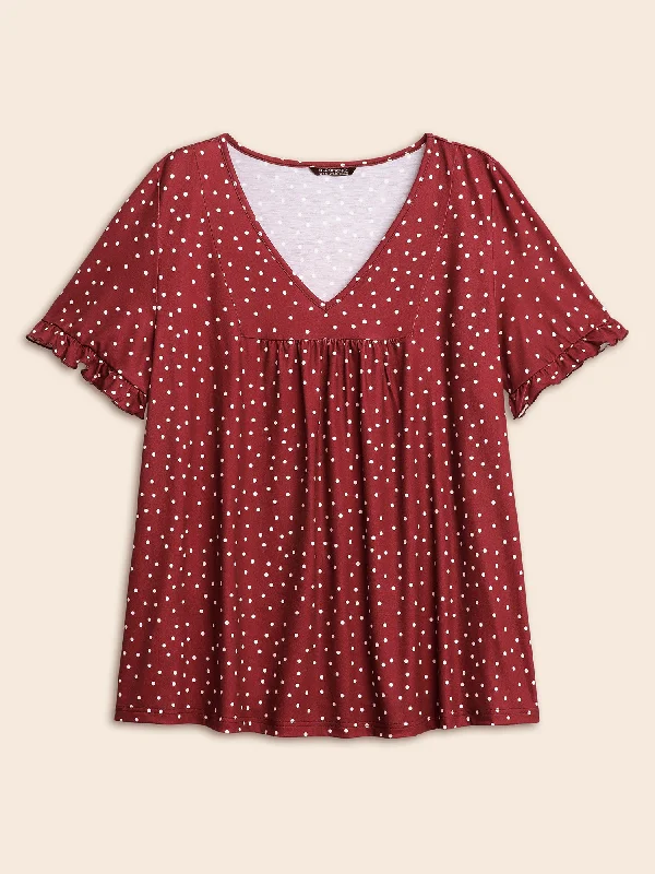 polka-dot-print-gathered-frill-trim-t-shirt