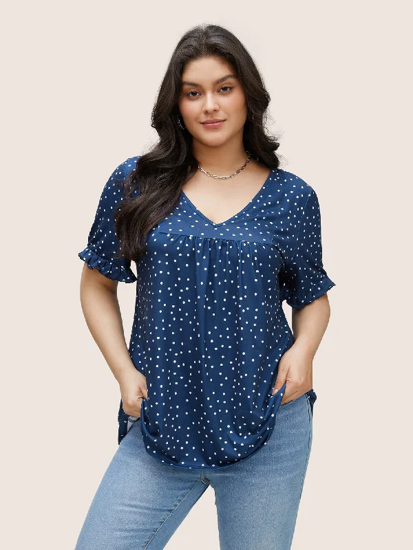 polka-dot-print-gathered-frill-trim-t-shirt