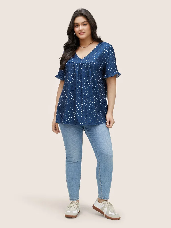 polka-dot-print-gathered-frill-trim-t-shirt