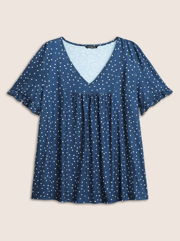 polka-dot-print-gathered-frill-trim-t-shirt