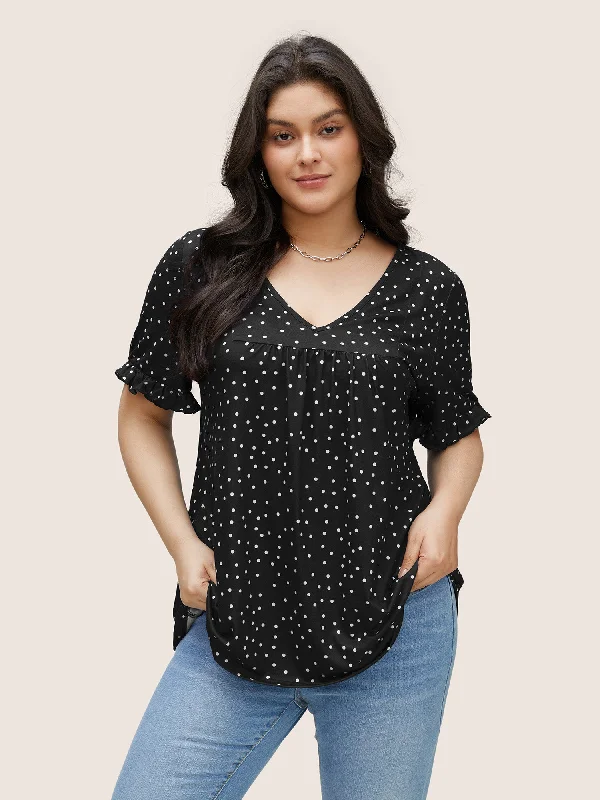 polka-dot-print-gathered-frill-trim-t-shirt