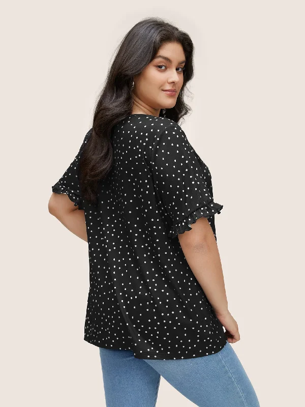 polka-dot-print-gathered-frill-trim-t-shirt