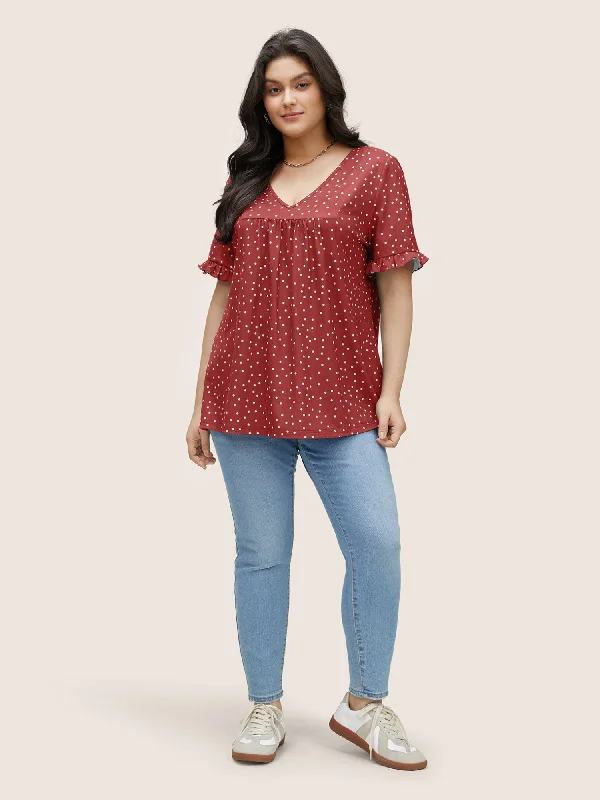 polka-dot-print-gathered-frill-trim-t-shirt