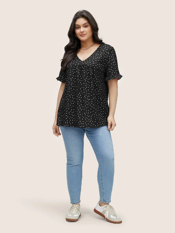 polka-dot-print-gathered-frill-trim-t-shirt