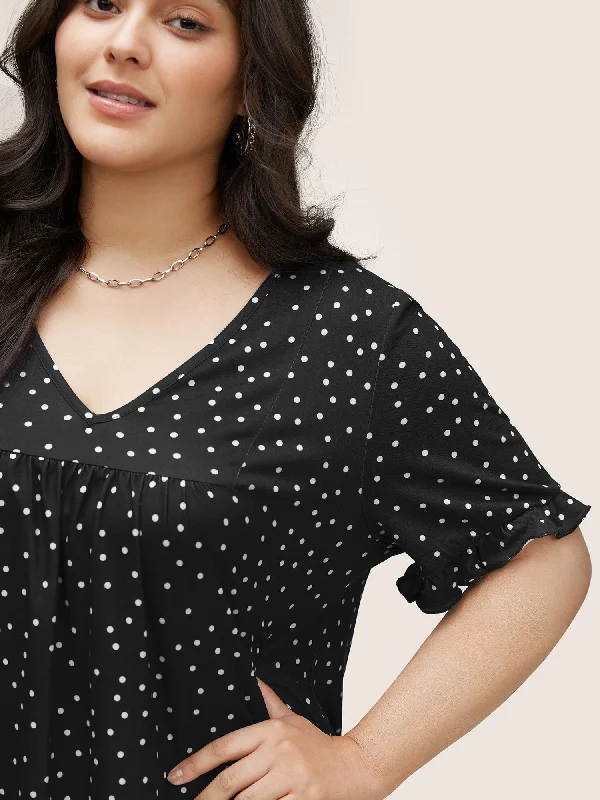 polka-dot-print-gathered-frill-trim-t-shirt