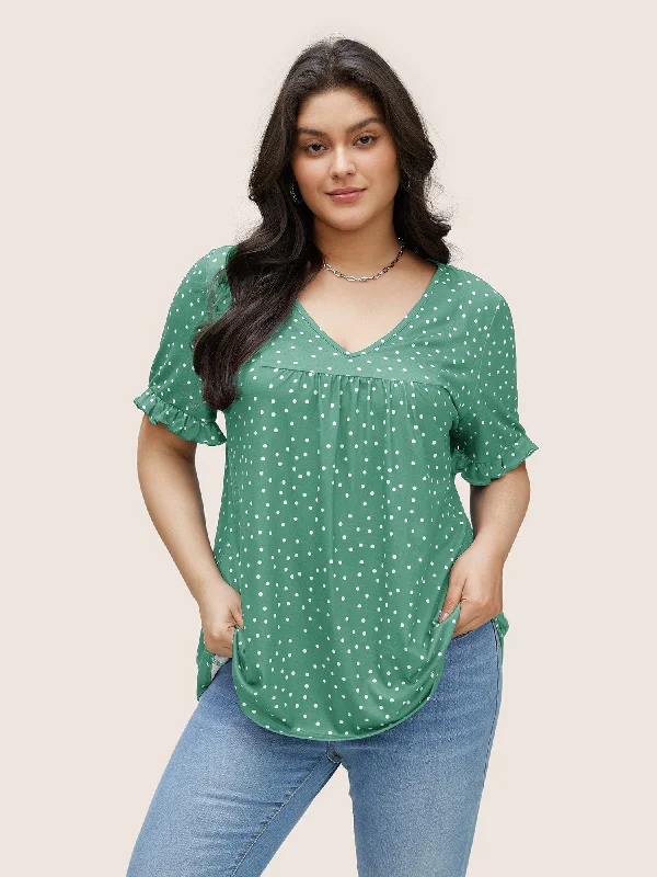 polka-dot-print-gathered-frill-trim-t-shirt