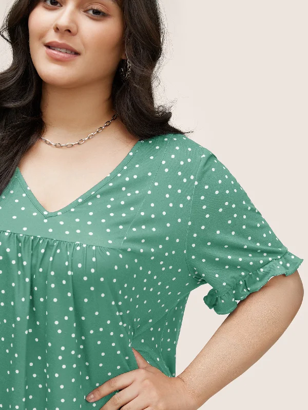 polka-dot-print-gathered-frill-trim-t-shirt