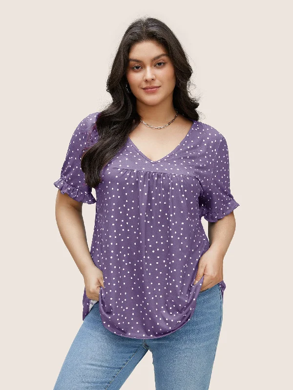 polka-dot-print-gathered-frill-trim-t-shirt