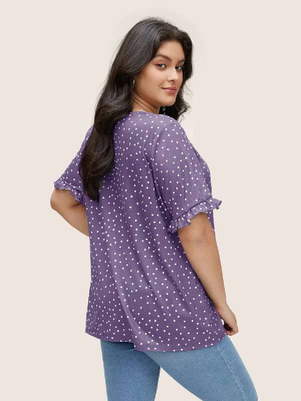 polka-dot-print-gathered-frill-trim-t-shirt