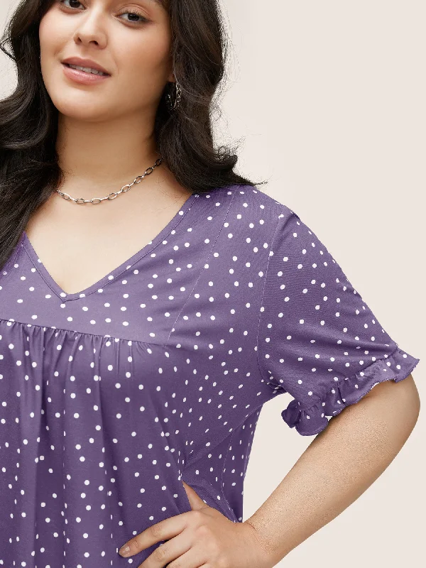 polka-dot-print-gathered-frill-trim-t-shirt