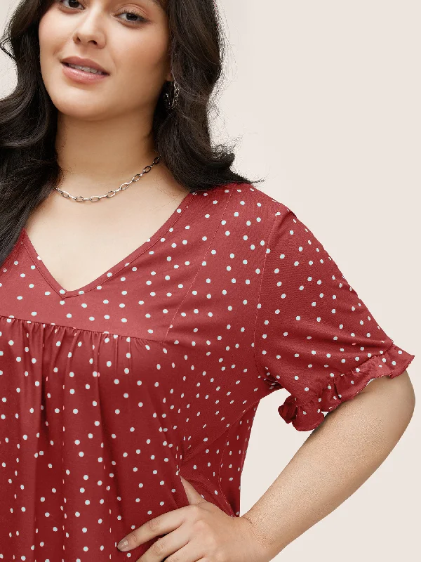 polka-dot-print-gathered-frill-trim-t-shirt