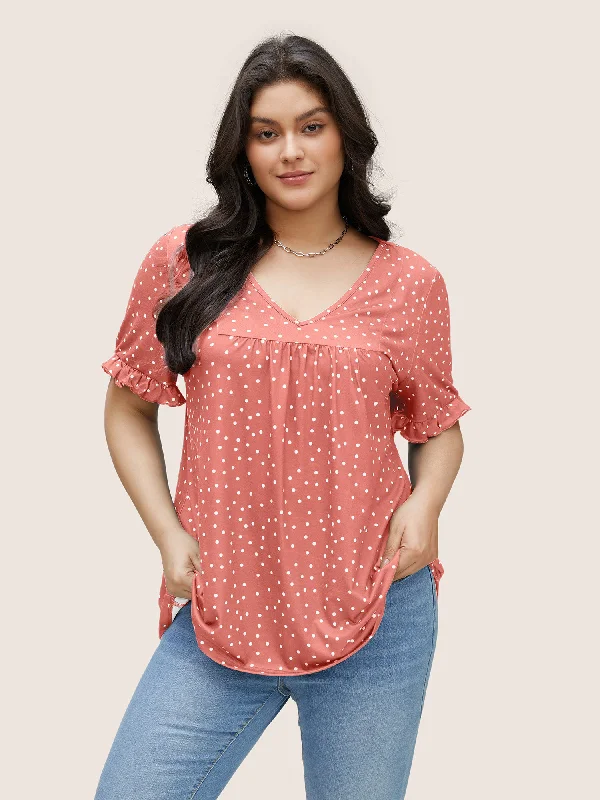 polka-dot-print-gathered-frill-trim-t-shirt