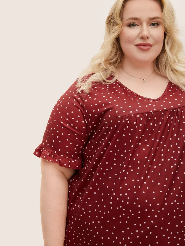 polka-dot-print-gathered-frill-trim-t-shirt