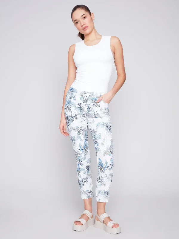 Printed Crinkle Jogger Pants - Summer Leaf