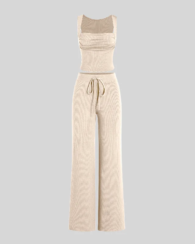 Set Of Two Ruched Square Neck Crop Top With Trouser In Apricot