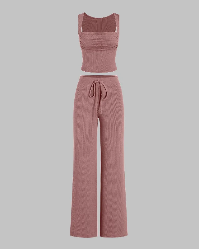 Set Of Two Ruched Square Neck Crop Top With Trouser In Blush Pink