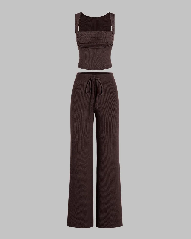 Set Of Two Ruched Square Neck Crop Top With Trouser In Dark Brown