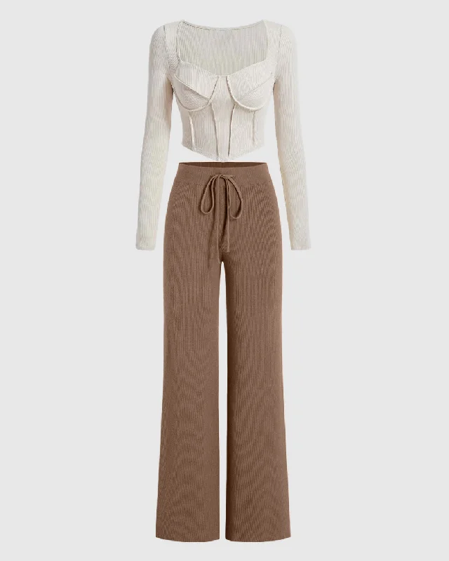 Set Of Two: Summer Trouser In Brown With Long Sleeve Crop Top