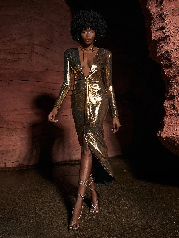 Tressie V Neck Metallic Dress In Gold